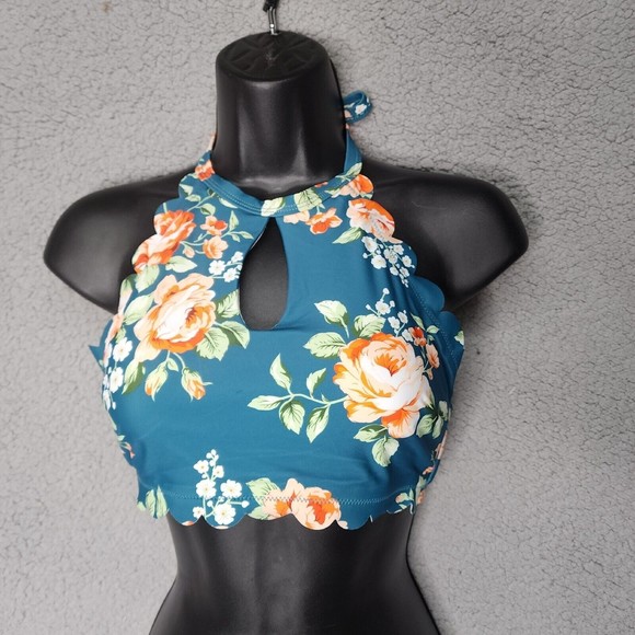 CUPSHE Women's Small NWOT Turquoise Floral Halter Bathing Suit Top - Picture 1 of 4